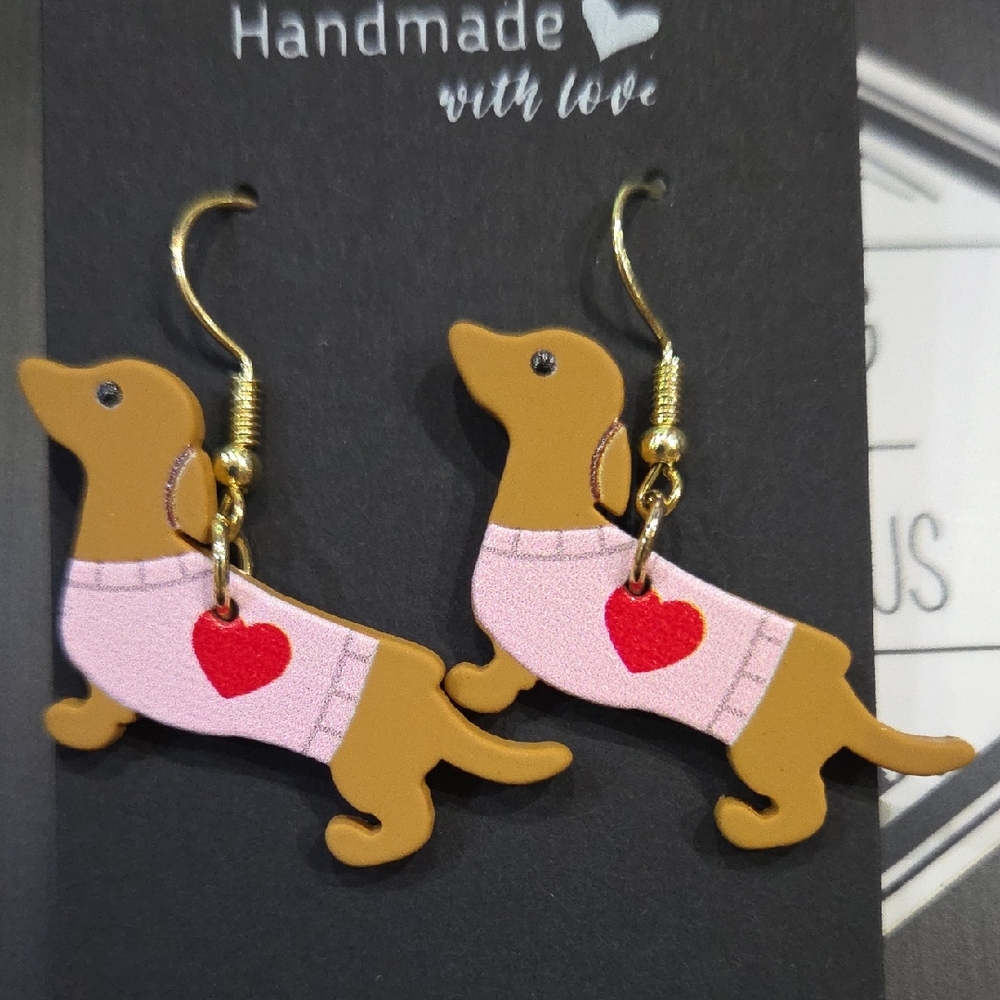 Handmade Dachshund Earrings with Pink and Red Accents